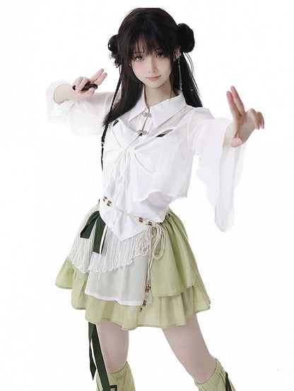 Green Cheongsam Tiered Skirt with Waist Belt Elastic Waist Style