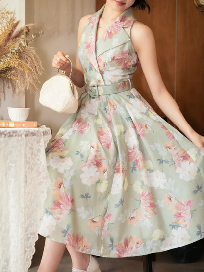 Fashion Floral Dress Blazer Retro Print Collar Green Summer 1950s