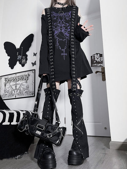 Shoulder Print BlackPurple And Cutout Top Emo Skeleton Punk Letter Long Sleeves