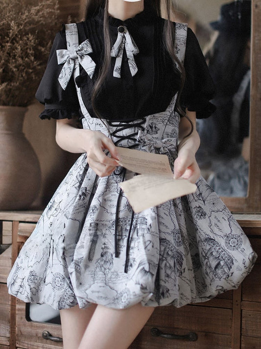 Gray Jacquard Lace-up Waist Overall Bubble Skirt