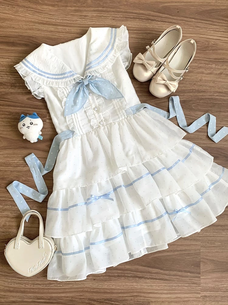 Tiered White and Blue Polka-dot Pattern Dress Sailor Collar Navycore Skirt