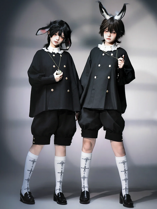 Black Ouji Lolita Outfit Bunny Ears Back Collar Long Sleeves Top and Knickerbockers Shorts
