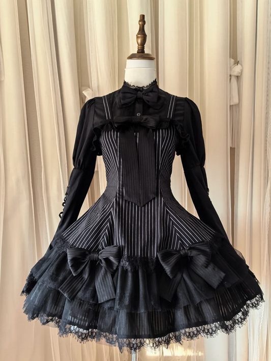 Jupe pull gothique Lolita à double épaisseur avec nœuds rayés noirs