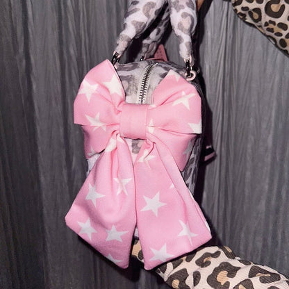 Gyaru Fashion Tote Bag with Big Bows Leopard Pattern