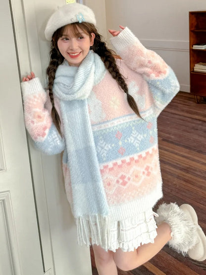 Pink Cute Bunnies Pattern Round Neck Soft Sweater