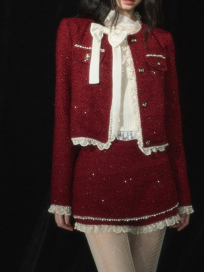 Christmas Red Tweed Cropped Jacket  Lace Trim Bowknot and Bead Details