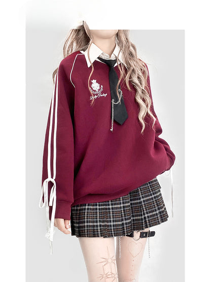 Wine Red Preppy Style Pull-on Sweat Shirt