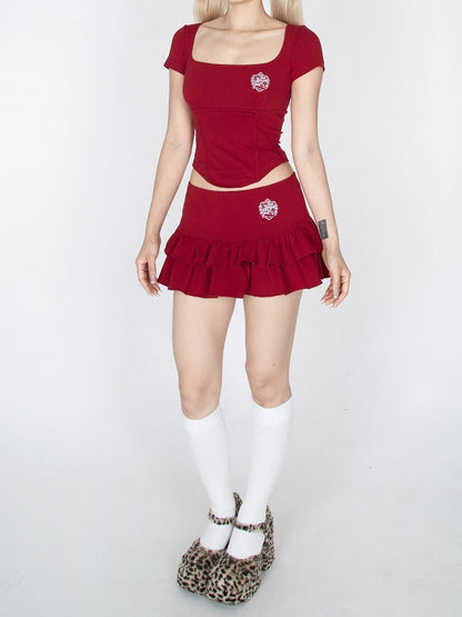 Red/Black Square Neckline Curved Hem Glamorous Cropped T-Shirt