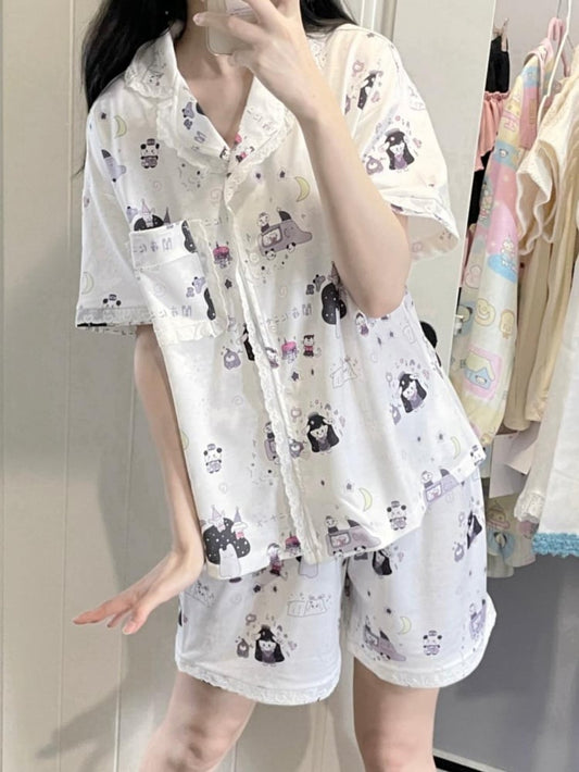 White Lace Trim Cartoon Pajama Set