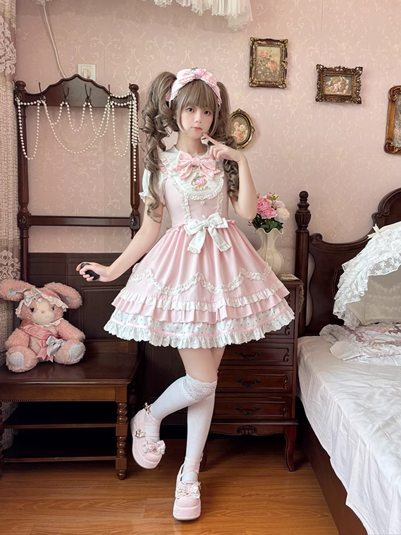 Strawberry Embroidery Pink Scalloped Edge Trim JSK Light Sweet Lolita Dress