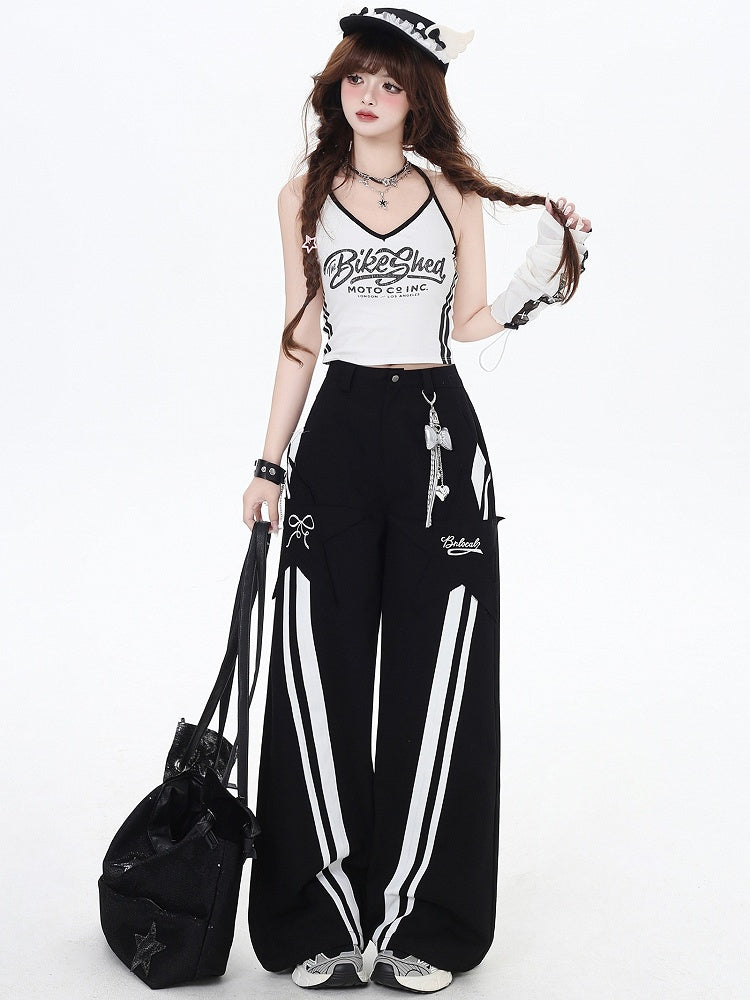 Black High Waist White Stripes Straight-leg Cut Pants