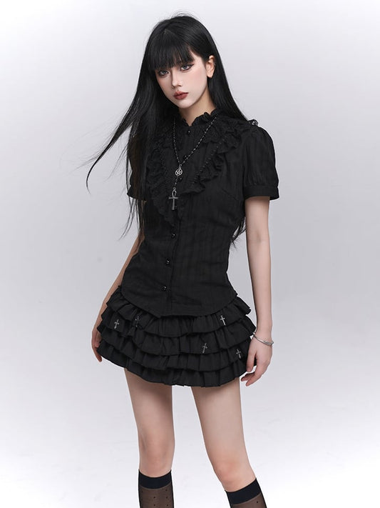 Black Lace Trim Short Sleeves Gothic Blouse