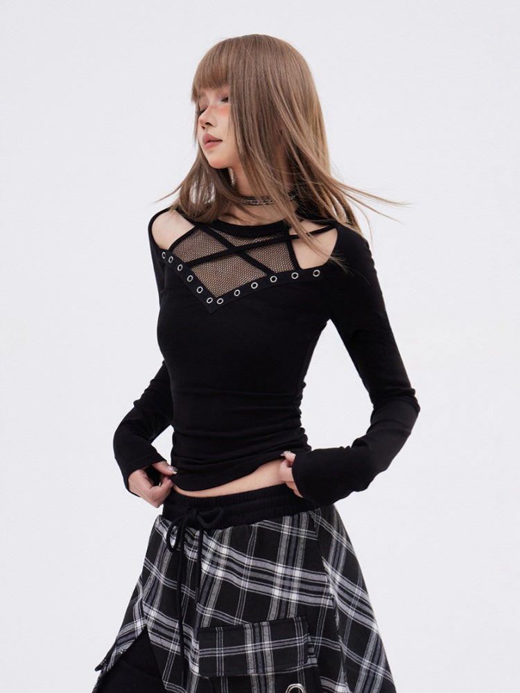 Black Slim-Fit Top Patchwork Cutout Shoulder Glamorous Mesh