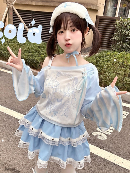 Blue and White Asymmetrical Neckline Striped Bell Sleeves Top