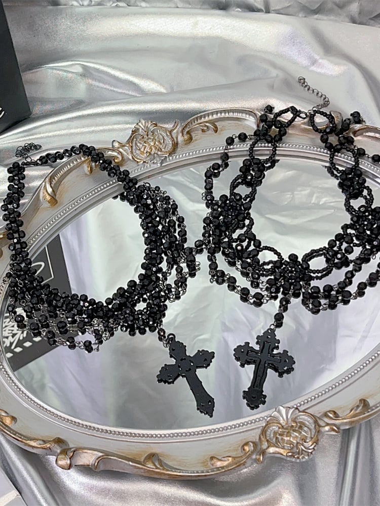 Black Punk Cross Pendant Beaded Necklace