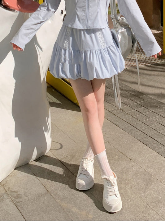 Light Blue Elastic Waist Sweet Bubble Skirt