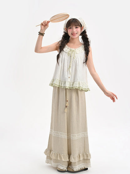 Neckline Tank Top Self-tie Flutter Sleeves Tiered at Strap Green with Ruffles Cutton