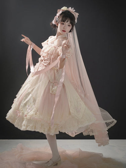 Ombre Pink Peach Blossom Halter Neck Han Lolita Dress Full Set