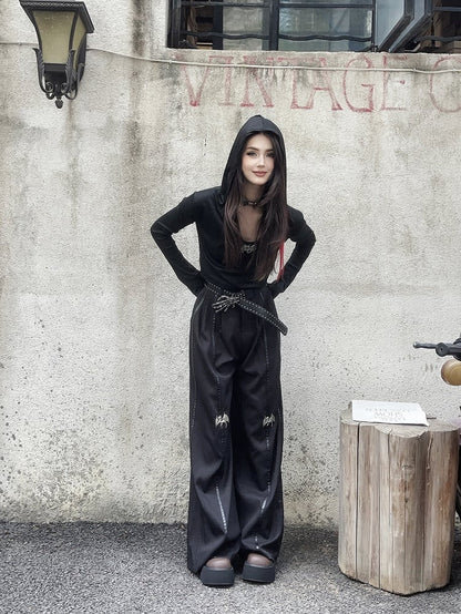 Length Floor Black Metal Dragon Knee Wide-Leg Pants