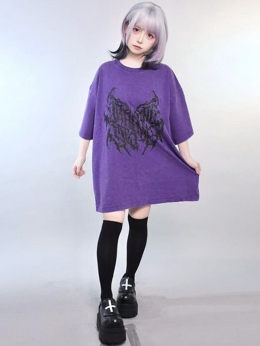 Jirai T-shirt Round Print Butterfly Neck Kei Purple