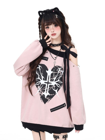 Pink Asymmetrical Neckline Self-tie Strap Heart and Cross Sweatshirt