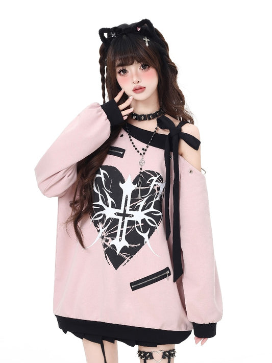 Pink Asymmetrical Neckline Self-tie Strap Heart and Cross Sweatshirt