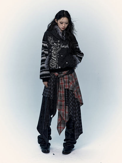 Black&White Plush Trim Striped Sleeves Hoodie