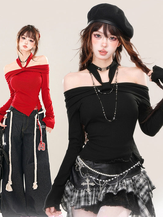 Haut dos nu asymétrique noir/rouge à ourlet fendu