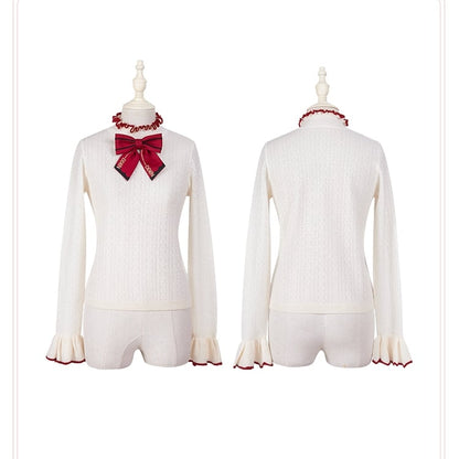 Ruffle Aprioct with Bowknot Long Top Red Sleeves Neckline