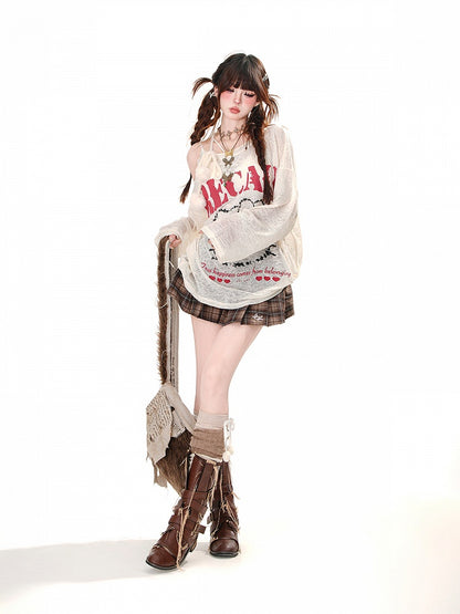 Buckle Belt Fashion Style Pleated Skirt with Free Plaid Preppy Coffee Millard