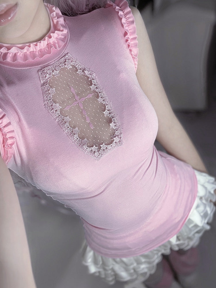 Goth Pink Mock Neck Coffin-Shaped Cutout  Pastel Light Sleeveless Top