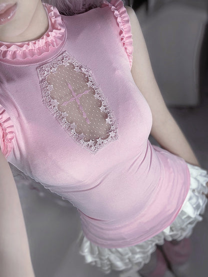 Goth Pink Mock Neck Coffin-Shaped Cutout  Pastel Light Sleeveless Top