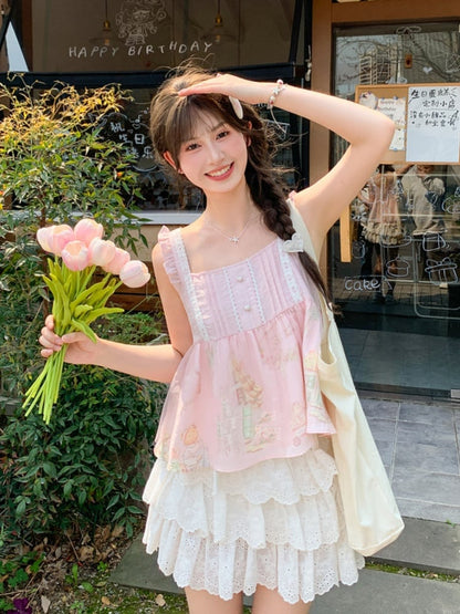Flutter Sleeves Cartoon Bear Print Sleeveless Top Sweet Pink
