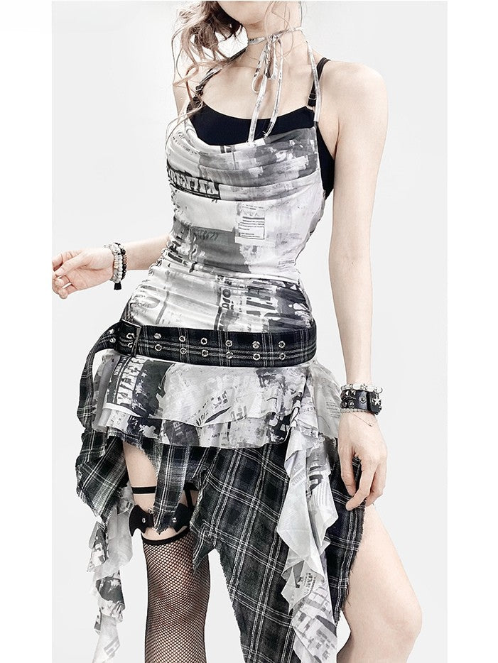 Dye Tie Design + Plaid Cami Pattern Dress Top Neck Asymmetrical Skirt Detail White Black Hem Halter Spiderweb