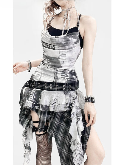Dye Tie Design + Plaid Cami Pattern Dress Top Neck Asymmetrical Skirt Detail White Black Hem Halter Spiderweb