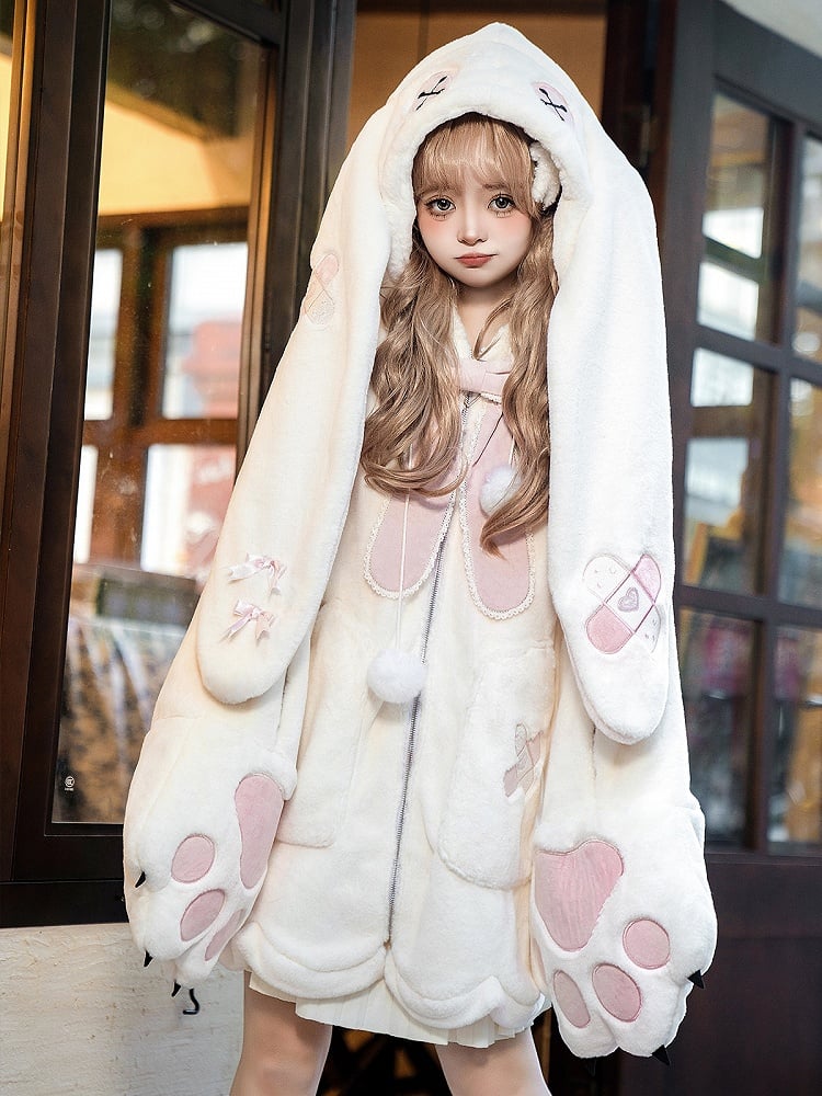 White and Pink Lolita Oversized Bunny Ears Hooded Plush Coat Leg Warmers