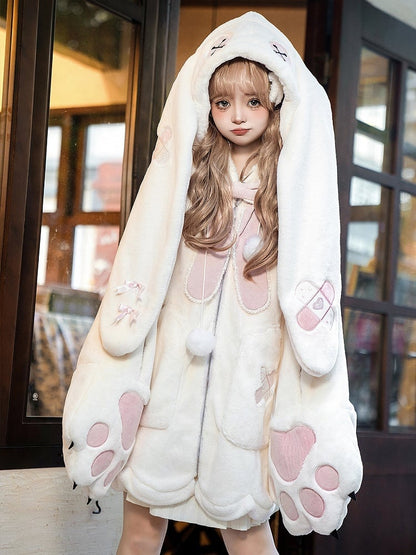 White and Pink Lolita Oversized Bunny Ears Hooded Plush Coat Leg Warmers