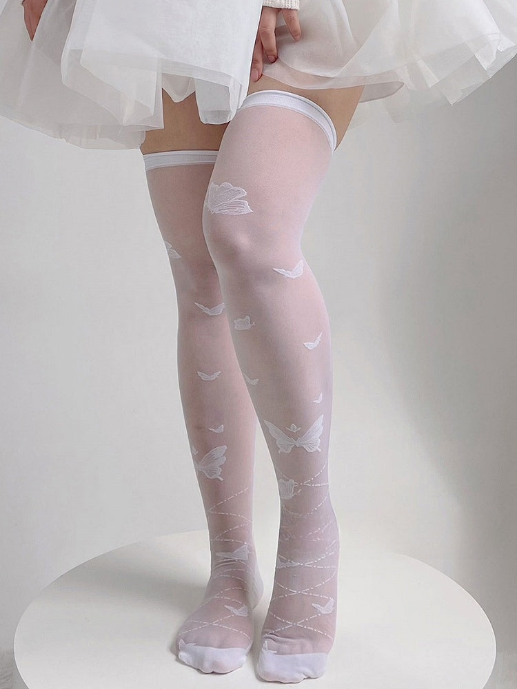 Bas blancs semi-transparents style Lolita papillon au-dessus du genou