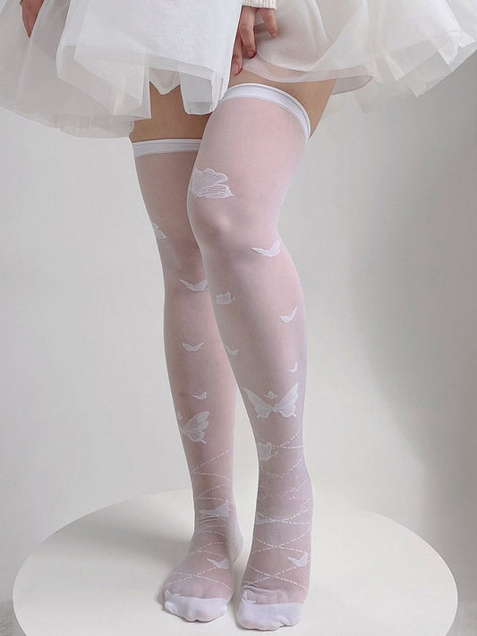 Bas blancs semi-transparents style Lolita papillon au-dessus du genou
