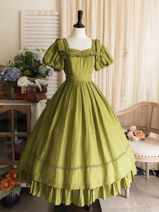 Classic Olive Princess Lolita Sleeves Puff Elegant Green Dress