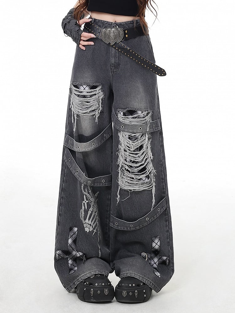 Grey/Red Plaid Punk Wide-leg Holes Faded Vintage Wash Distressed Jeans