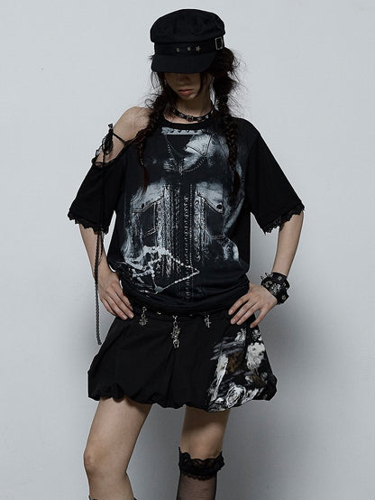 Lace-Trimmed Print White Shoulder Detail Lace-Up with Denim Punk Black T-shirt