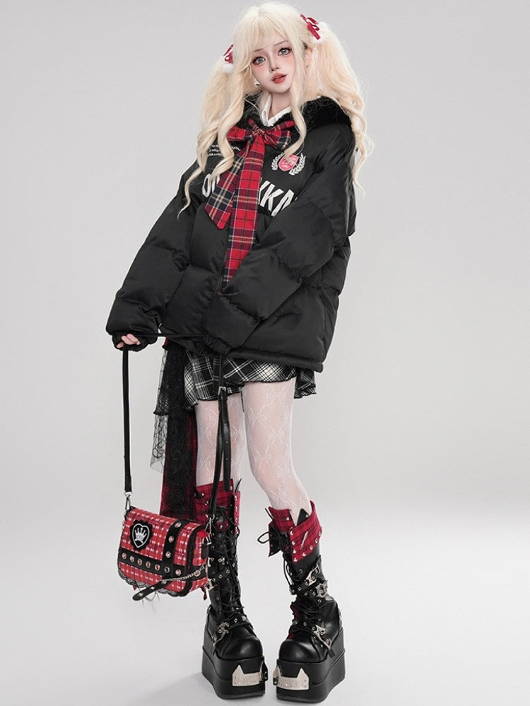 Black/White Letters Print Self-tie Bowknot Hooded Thick Jacket