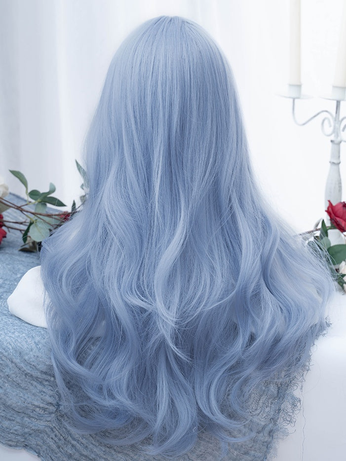 Blue Long Wavy Synthetic Wig With Curtain Bangs