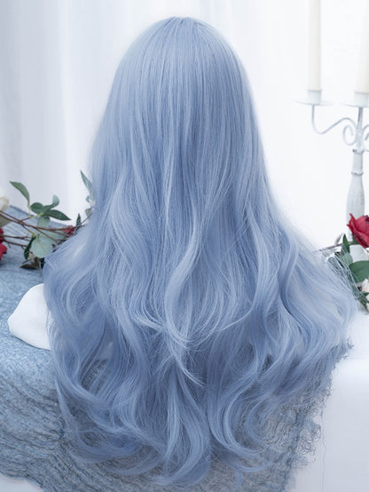 Blue Long Wavy Synthetic Wig With Curtain Bangs