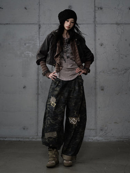 Pants Cargo Zigzag Punk Deconstructed with Camo Embroidery Vintage Design