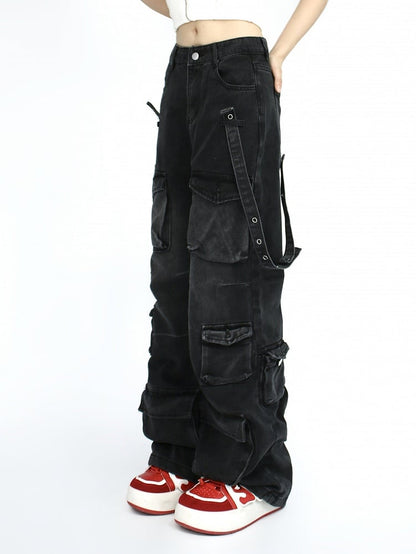 Vintage Distressed Jeans with Multiple Cargo Pockets and Denim Strap Design