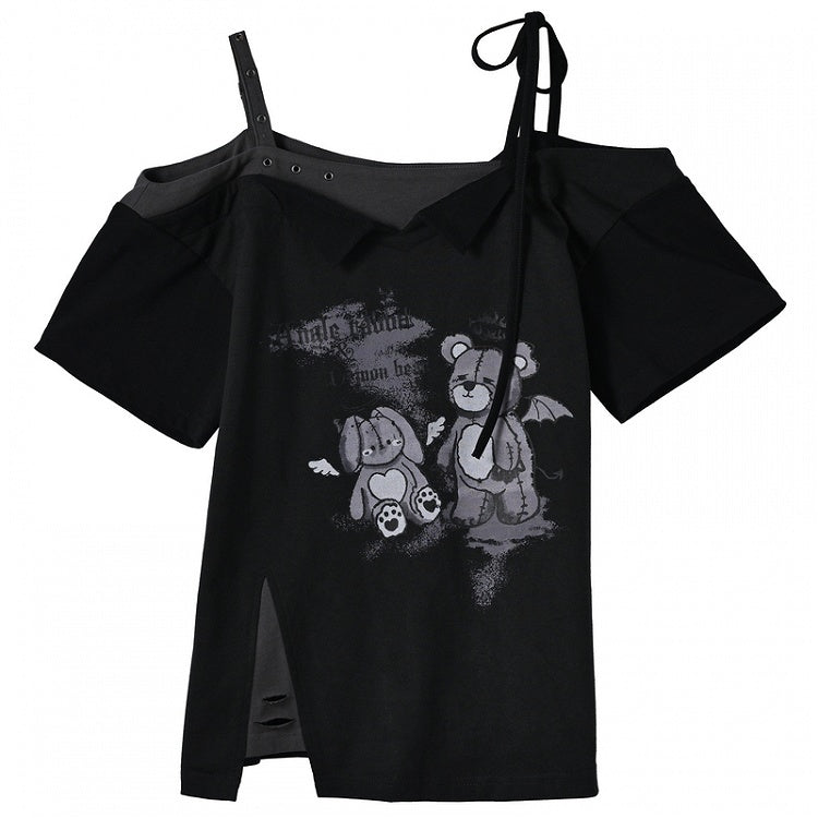 Black Off-the-shoulder Neckline Teddy Bear Print T-Shirt