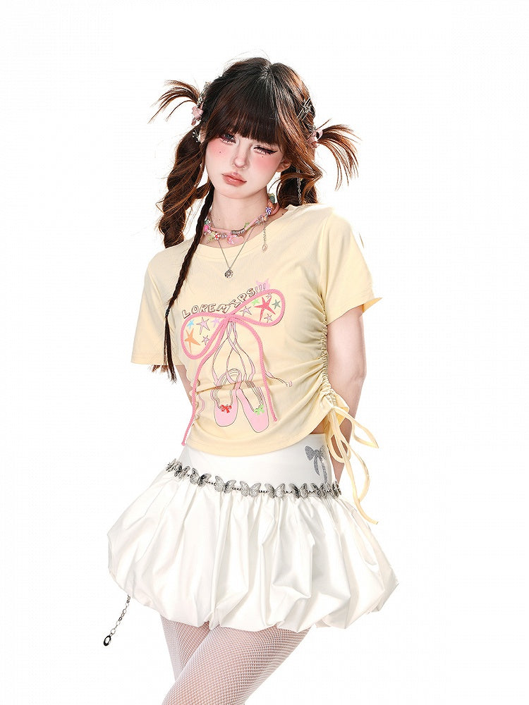 Glamorous Bowknot Black/Yellow/Pink Cropped T-Shirt Drawstring Waist Accent