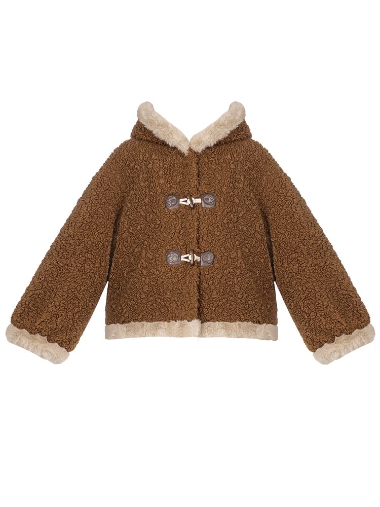 Brauner Fleece-Wintermantel mit Kapuze und Ohren des Kleinen Pandas